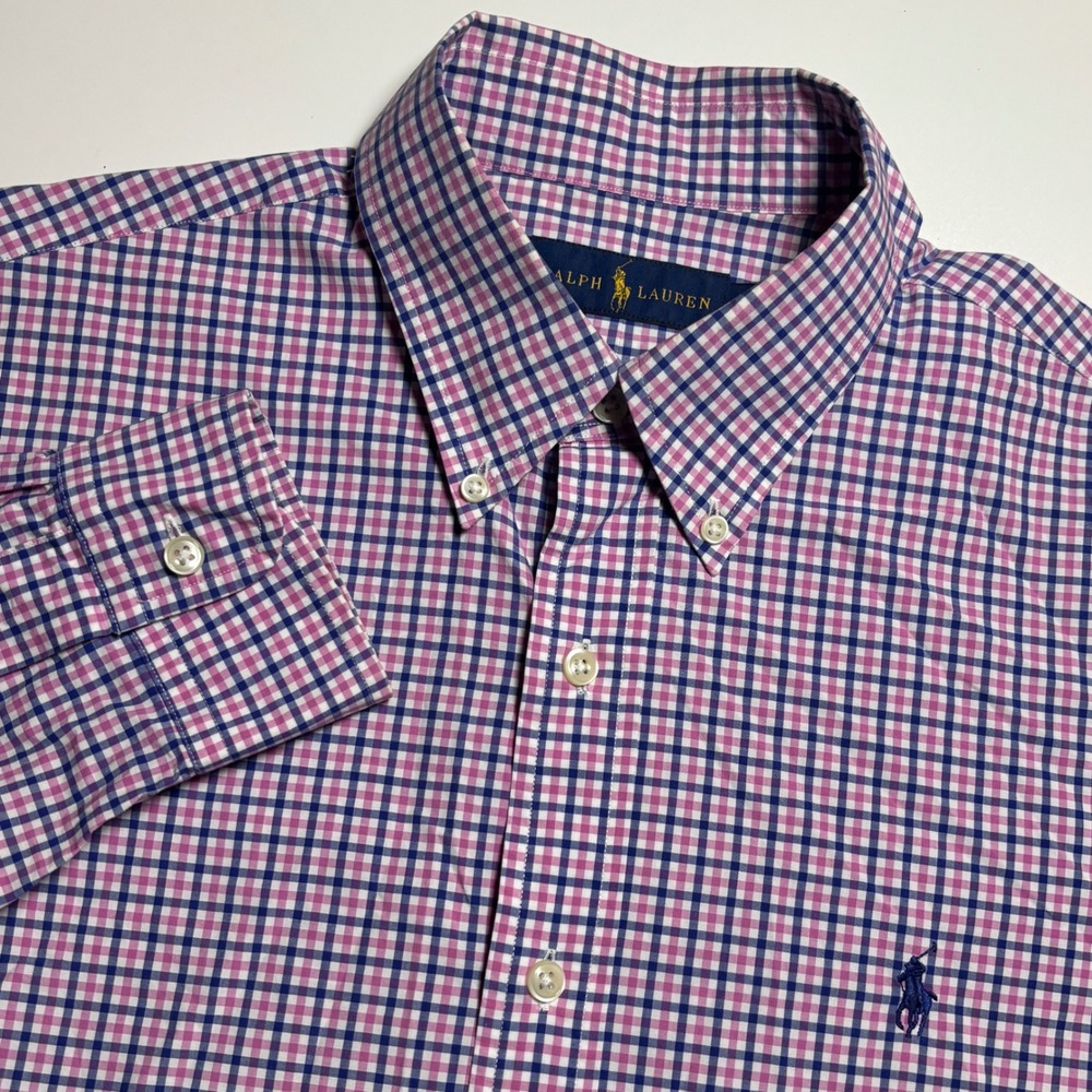 Ralph Lauren Gingham Check Mens M Pink Blue Long Sleeve Button Down Pony‎ Shirt